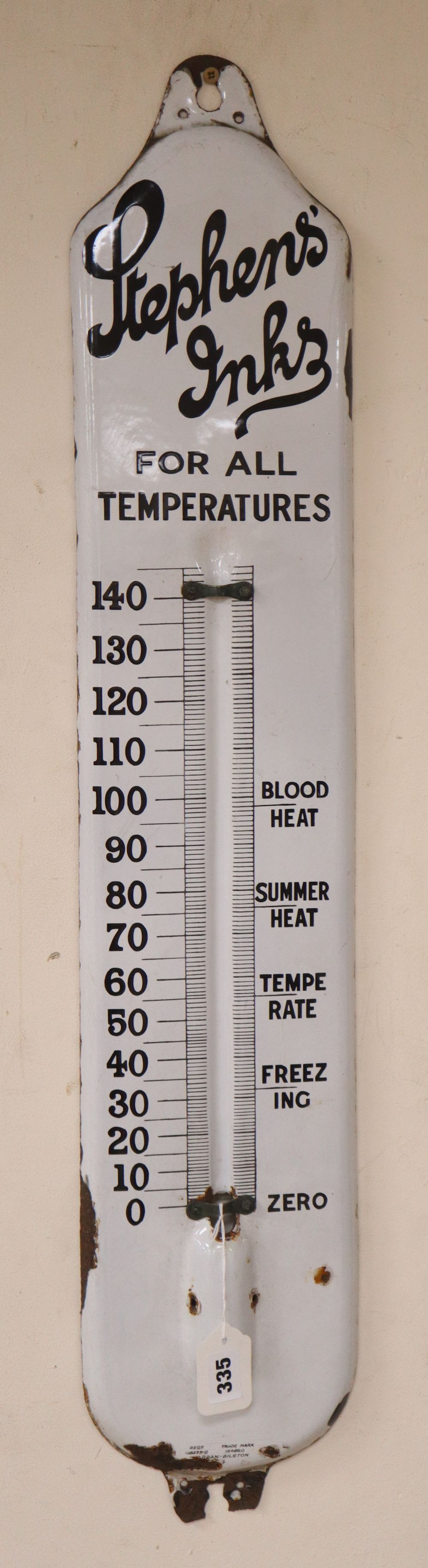 A Stephens Inks enamel thermometer sign, glass bulb lacking, overall length 91cm